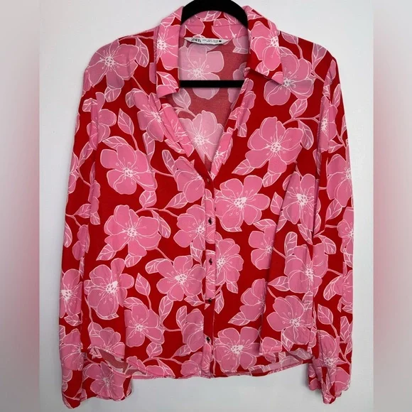 Zara Floral Red pink Women's Top size medium - Picture 2 of 9